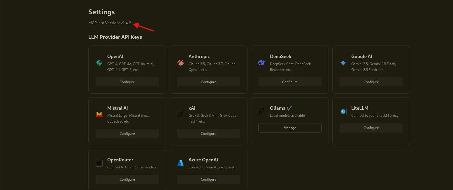 MCPJam settings showing version